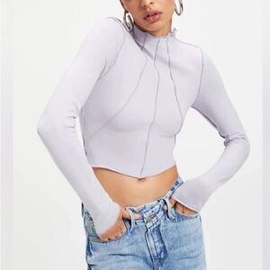 GOOD AMERICAN Top Womens 2 Liliac Purple Lettuce Edge Mock Neck Long Sleeve Crop